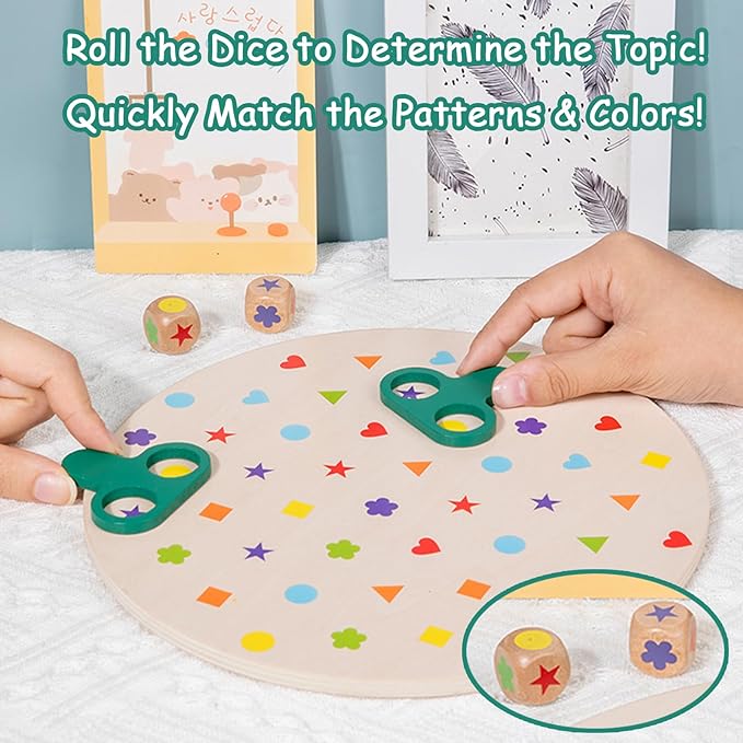 Montessori Matching Game Board - Color & Shape Learning Toys for Kids Ages 3-5, Travel Friendly Educational Board Games with Dice, Portable Sensory Toys for Toddler Fine Motor Skills