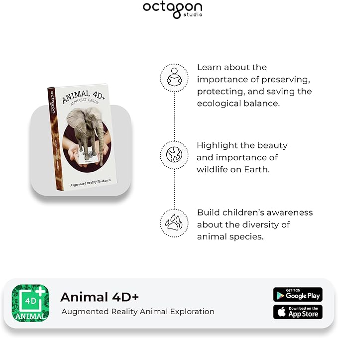 4D+ Augmented Reality Flashcards for Kids – Educational STEM Cards with Free App – Interactive Learning for Ages 4+ (Animal 4D+)