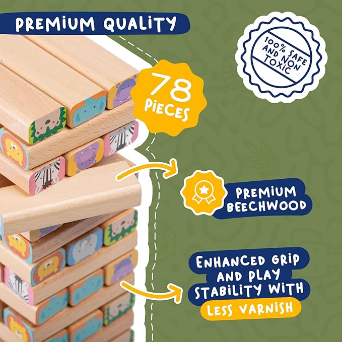 Nene Toys Wooden Block Stacking Game β 4-in-1 Tumble Tower Family Board Game with Building Blocks, Cards and Dice β African Safari Educational Wooden Toy for Kids 3-9 Years Old About Animals