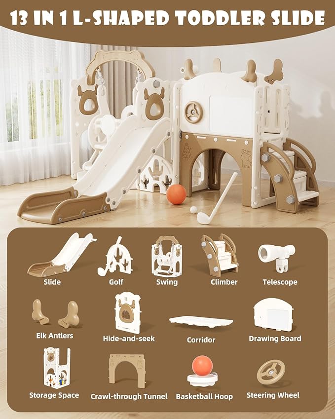 YUFU 13 in 1 Toddler Slide and Swing Set, Kids Slide for Toddlers Age 1-3, Toddler Playset with Golf Set, Basketball Hoop and Drawing Board, Outdoor Indoor Playground (Brown)