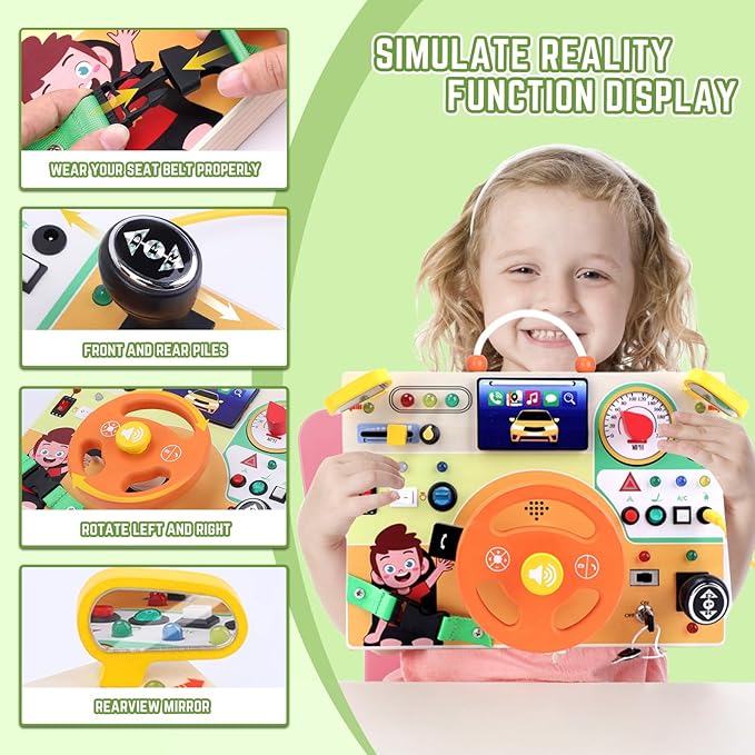 Toddler Toys Montessori Busy Board for 1+ Year Old Boys & Girls Steering Wheel Driving Simulation Toy Travel Activities for Toddlers 1 2 3 4+ Year Old Sensory Toys
