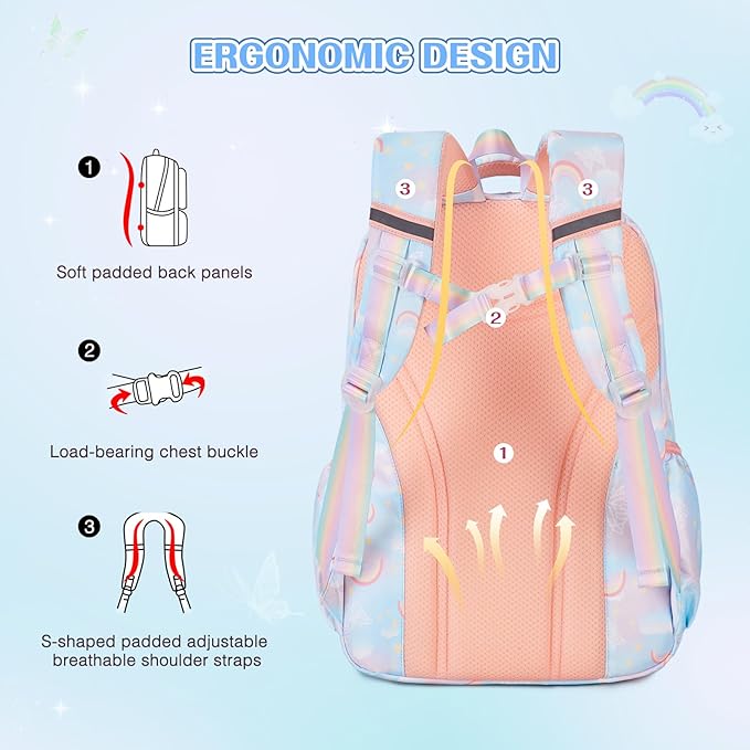 Backpack for Girls, Rainbow Butterfly Girls Backpacks with Lunch Bag Pencil Case Set, Kids Backpack Kindergarten Elementary Middle School Book Bag for Teen Girl Children Students