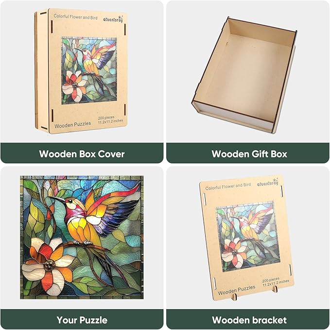 Wooden Puzzle for Adults, Stained Glass Hummingbird Puzzle, Unique Animal Shape Puzzles, Bird Jigsaw Puzzles for Adults, Christmas for Family Friend(11.1 * 11.2 in-200pcs)