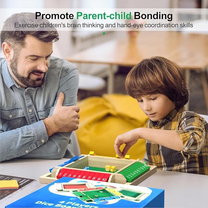 Shut The Box Game Wooden with Dice, 2-4 Player Math Strategy Game for Adults Kids - Close The Box Board Number Learning Activity, Family Travel Pub Games