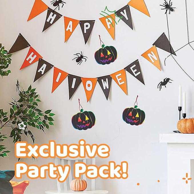 Neliblu Halloween Scratch Art Trick or Treat Paper Crafts Kit Bulk Pack of Halloween Pumpkins with Magic Rainbow Colors - 24 Pumpkin Ornaments, 24 Scratch Sticks, 24 Ribbons