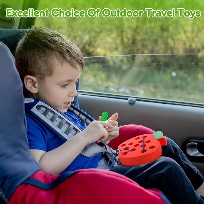Lacing Toys for Toddlers,Wooden Threading Apple Baby Travel Toys,Montessori Education Sensory Learning Fine Motor Skills, Wooden Block Puzzle Gifts for 3 Year Old Baby Kids Boys Girls