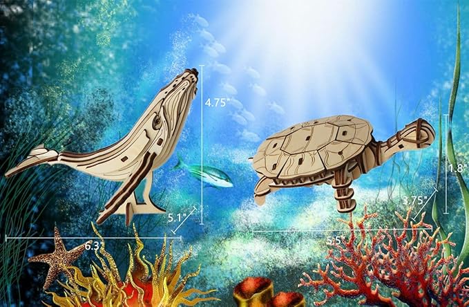 3D Wooden Sea Animal Puzzle - 6 Piece Set Wood Sea Animals Skeleton Assembly Model Kits - Wooden Crafts DIY Brain Teaser Puzzle - STEM Toys Gifts for Kids and Adults Teens Boys Girls