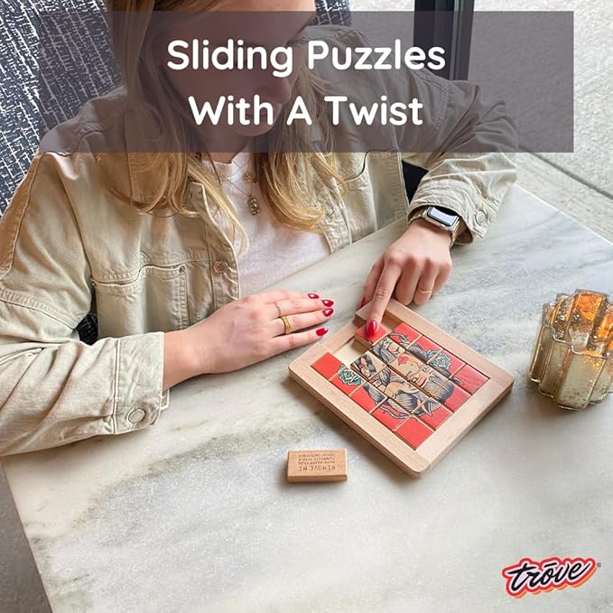 TROVE - Dualities Sliding Wooden Puzzles, Naughty v. Nice - STEM, Challenging, Entertaining, Fun, Brain Teaser, Classic Slide Puzzle, Klotski, Great for Travel, Great for All Ages