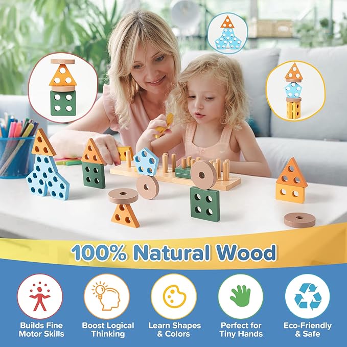 7‑in‑1 Montessori Baby Toys for 6‑12 Months & 1+ Years, Infant Sensory Teething & Stacking Blocks | Wooden Shape Sorter, Xylophone Musical Toy, Birthday Gift for Toddlers 1‑3