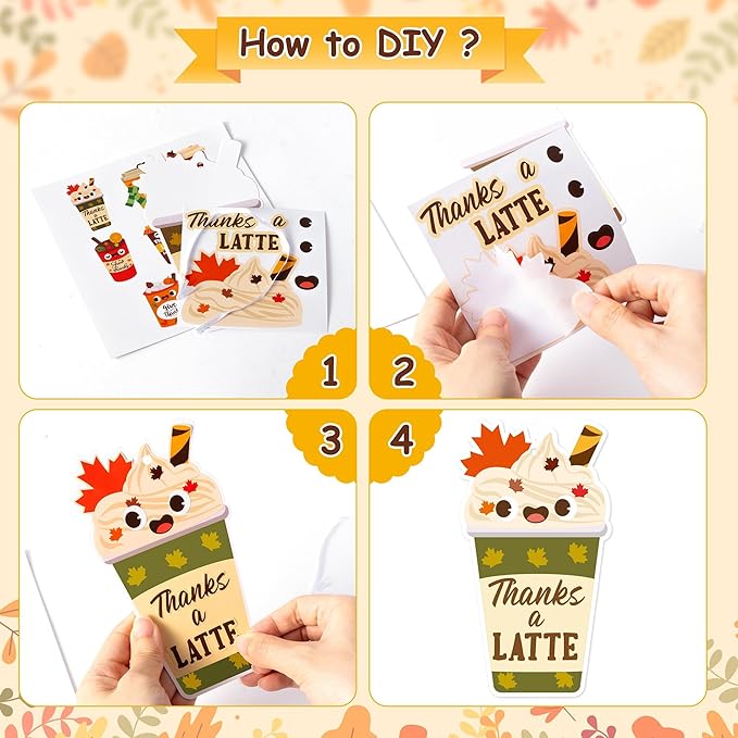 ANGOLIO Fall Coffee Stickers Craft Hanging Kit for Kids- 123pcs DIY Coffee Cup Thanks a Latte Sign Stickers, Autumn Ornaments for Boys Girls, Classroom Thanksgiving Decorations Exchange Party Supplies