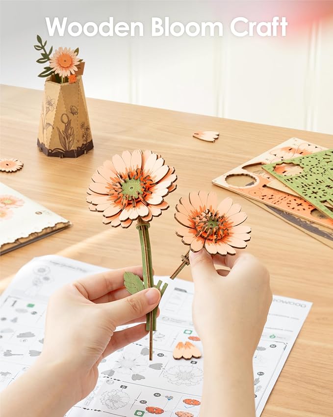 rowood 3D Puzzles for Adults,DIY Wooden Flower Building Craft Kits for Women,Christmas/Birthday Gift- Orange Gerbera Daisy