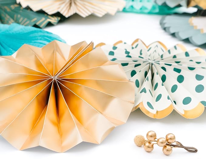 PapaKit Origami Wall Decoration Set (8 Assorted Round Paper Fans) Birthday Party Baby Shower Wedding Events Decor | Creative Art Design Pattern (Sage Green with Metallic Gold Accent)