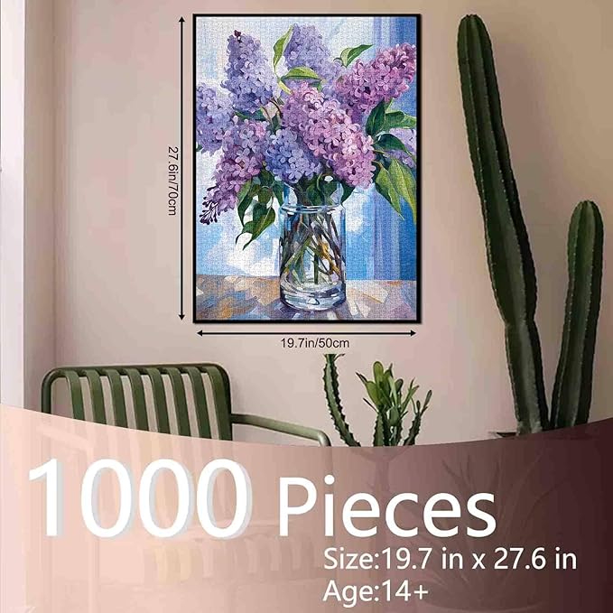 1000 Piece Jigsaw Puzzles for Adults, Purple Lilac in a Glass Vase Jigsaw Puzzles,Blue Flowers with Green Leaves Puzzle,Challenging Family Activity Perfect for Game Nights,Floral Puzzle Wall Art Decor