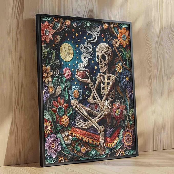 Tucocoo Skeleton and Flowers Jigsaw Puzzle for Adults 1000 Piece, Whimsical Skull Moonlight Paper Art Difficult Puzzle Challenging Night Sky Floral Puzzle for Family Game Nights Home Wall Decor Gift