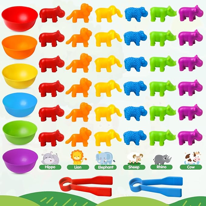 Counting Toys Matching Game for Kids with Sorting Bowls Preschool Learning Educational Activities Toys Color Classification and Sensory Game Set Toddler Montessori Toys for 3 4 5 Years Old-Animals