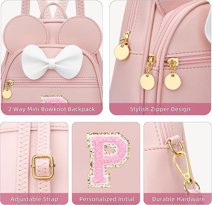 KKXIU Girls Initial Bowknot Cute Mini Backpack for Toddler, Travel Small Girl Backpacks, Personalized Trendy Stuff Gift for Little Girls and Kids(P, Pink)