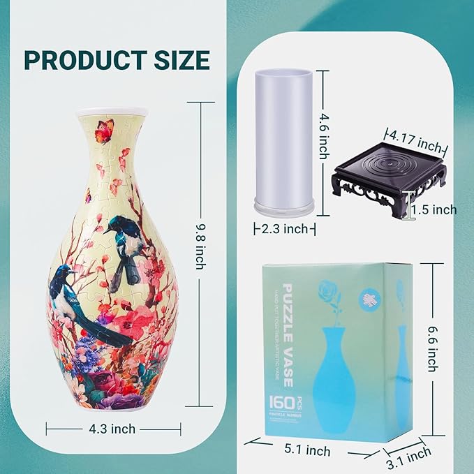 Magpie 3D Puzzle Vase for Adults to Flower Arrangement and Home Decoration Made by 160 Curved Plastic Puzzle Pieces,Great Gift for Mother's Day and Housewarming