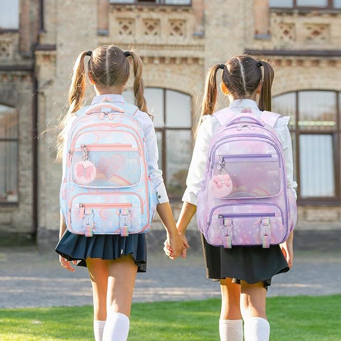 Backpack for Girls, Rainbow Butterfly Girls Backpacks with Lunch Bag Pencil Case Set, Kids Backpack Kindergarten Elementary Middle School Book Bag for Teen Girl Children Students