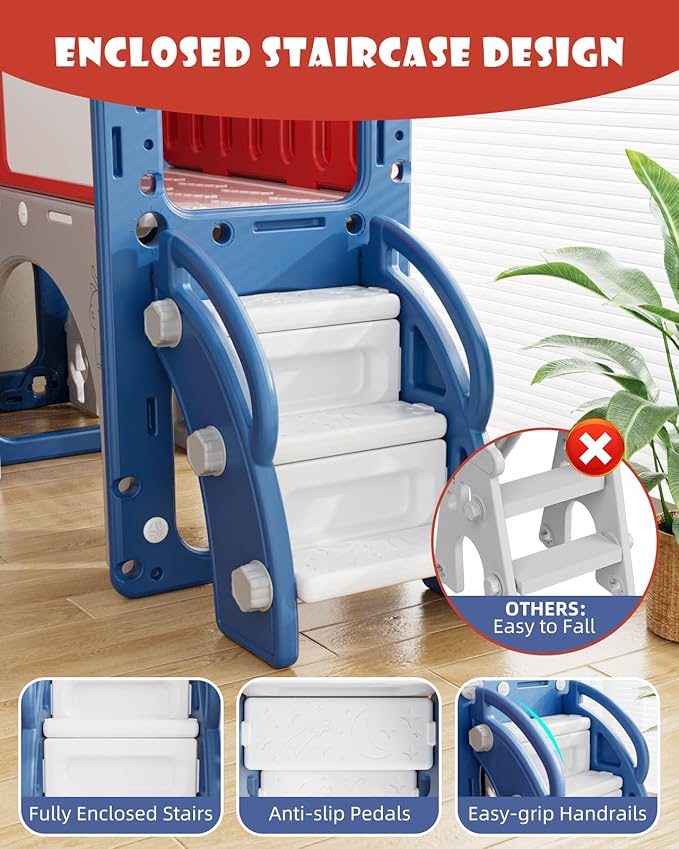 YUFU 13 in 1 Toddler Slide and Swing Set, Kids Slide for Toddlers Age 1-3, Toddler Playset with Golf Set, Basketball Hoop and Drawing Board, Outdoor Indoor Playground (Blue Red)