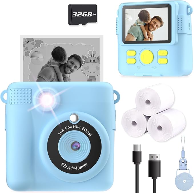 Kids Camera Instant Print, Christmas Birthday Gifts for Kids Age 3-12, Selfie Digital Camera with 1080P Videos,Toddler Portable Travel Cameras Toy for 4 5 6 7 8 9 Year Old Boys Girls-Blue