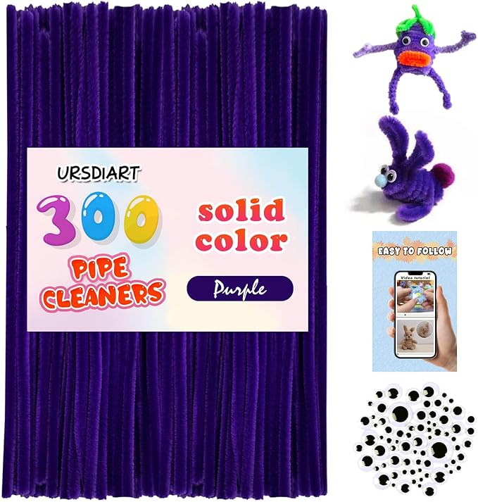 URSDIART (350pcs/Set) Purple Pipe Cleaners and Wiggle Eyes, Solid Color Halloween Chenille Stems Pipe Cleaners Bulk 12 Inch Pipe Cleaners for Crafts DIY Creative,Christmas Decoration Art Supplies