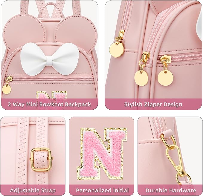 KKXIU Girls Initial Bowknot Cute Mini Backpack for Toddler, Travel Small Girl Backpacks, Personalized Trendy Stuff Gift for Little Girls and Kids(N, Pink)