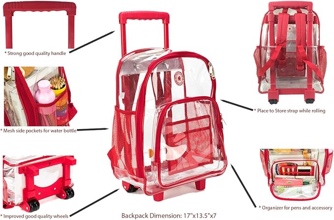 K-Cliffs Rolling Clear Backpack Heavy Duty Bookbag Quality See Through Workbag Travel Daypack Transparent School Book Bags w/Wheels Red
