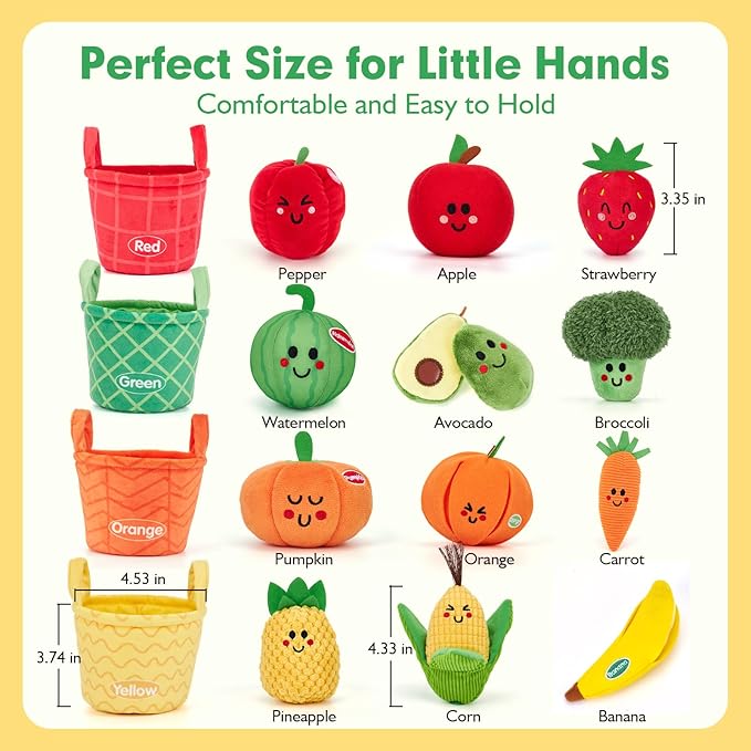 hahaland Baby Sensory Toys - 16 PCS My First Fruit Vegetable Color Sorting Play Food with Crinkle, Rattle, Baby Toys 6-12 Months Montessori Toys for 1 Year Old Boy Girl Gifts Toddler Stocking Stuffers
