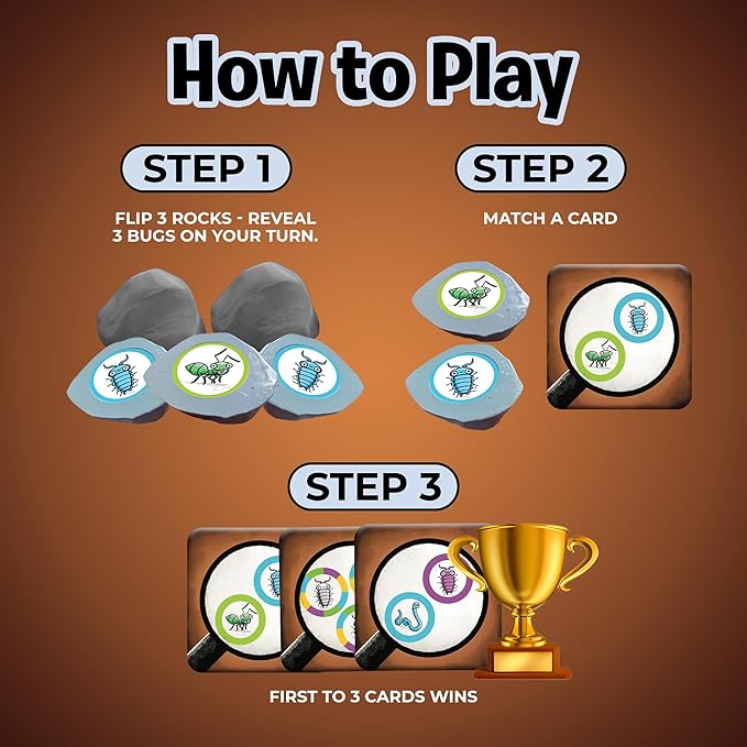 UnderBugs – Memory Card Game for Kids - Ages 4+ - Bug Matching Fun Family Game – 16 Rock, 20 Magnifying Glass Cards, Educational Puzzle Game for 2-4 Players