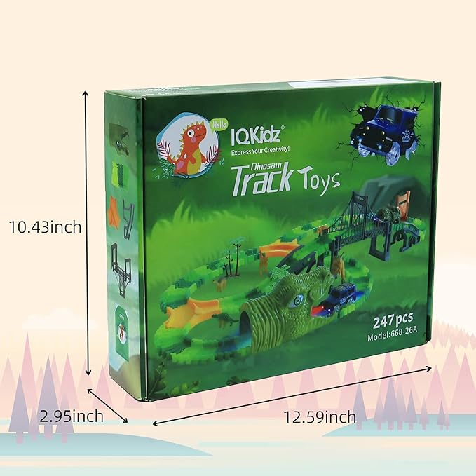 Dinosaur World Race Track Toys - 216pcs Flexible Track Playset with 1 Dinosaur Car, 1 Race Car, 6 Dino Toys, for Kids 3 4 5 6 Year & Up Old (Boys and Girls)