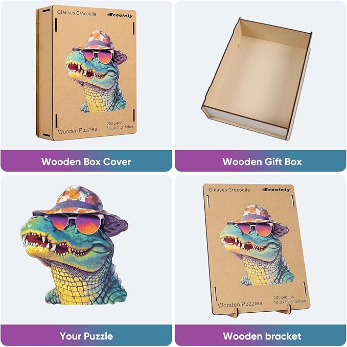 Wooden Puzzles for Adults, Glasses Crocodile Jigsaw Puzzles 200 Pieces Animal Unique Shaped Wood Cut Puzzle Gifts for Adults and Kids, Family Puzzle Games