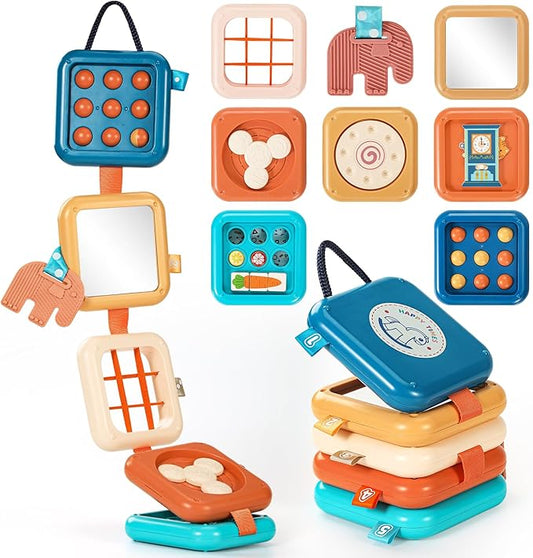 Busy Board for 1 Year Old, Travel Toys for Toddlers 1-3, Montessori Busy Board - Car Airplane Essentials, Sensory Activity Cube Birthday Gifts for Baby Infant Boy Girl