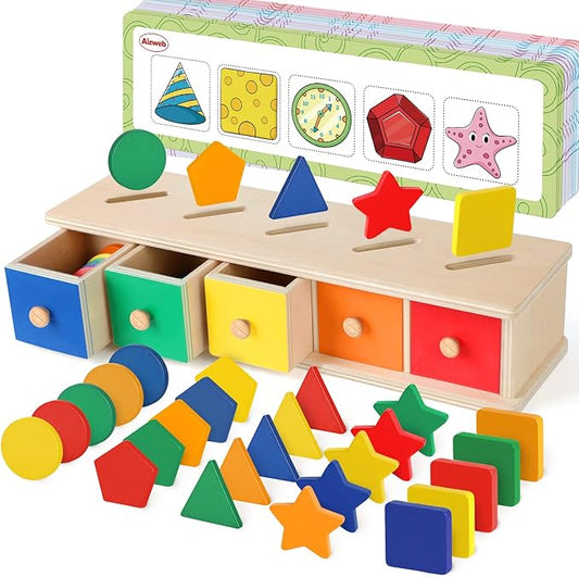 Aizweb Color Shape Sorting Toy for Toddler 3 Year Old, Wooden Montessori Toy Shape Sorter Color Matching Box Game, Early Educational Learning Sensory Toy for Baby Boy Girl