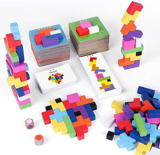 Wooden Block Game 120Pcs Fast-Paced Stacking Building Block Game Challenging Board Games for Kids 1 to 6 Players Color Block Puzzles Party Games for Ages 4+ Blue