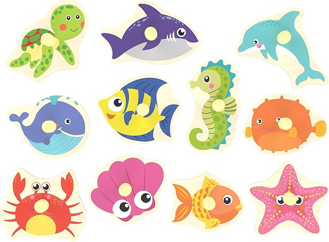 Wooden Peg Puzzle, Sea Creature Chunky Baby Puzzles, Colorful Wood Shape Puzzle Peg Board, Animal Knob Puzzles for Educational Toddlers 18 Months and Up, 11 Pieces