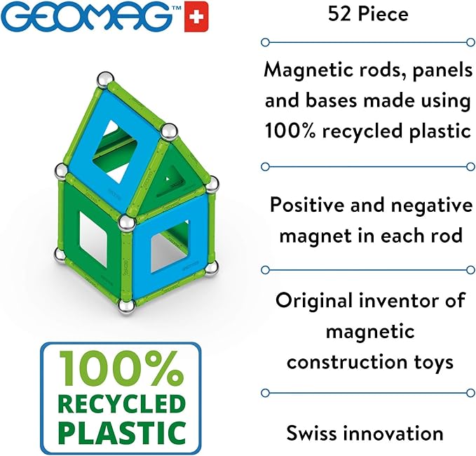 Geomag Classic Magnetic Toys for Kids Ages 5+, 52pc Educational STEM Magnets for Kids - Swiss-Made Magnetic Blocks, Tiles and Building Toys from 100% Recycled Plastic