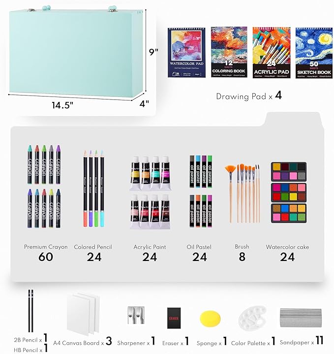 194 Piece Deluxe Art Set, Painting Drawing Art Supplies with 4 Drawing Pads, Acrylic Paints, Crayons, Colored Pencils Set in Wooden Case, Art Kit Gift Box for Kids, Teens, Adults, Artists, Beginners