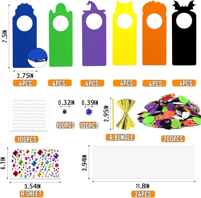 24 Set Halloween Craft Kits, DIY Halloween Doorknob Hanger Decorations Fall Arts & Crafts Supplies, Halloween Pumpkin Bat Ghost Monster Foam Stickers for Classroom Party Favors Activities