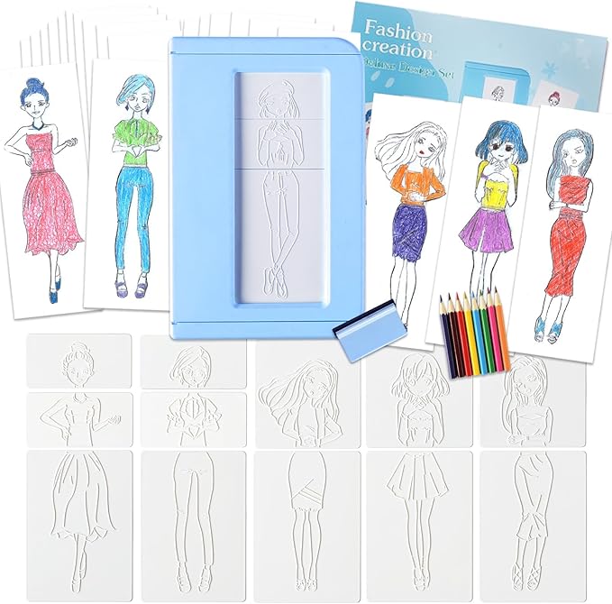 Kids Fashion Design Drawing Kit, 15 Double-Sided Rubbing Plates, Texture Art Set with Crayons, Colored Pencils, Paper & Frame, STEM Toys for Girls & Boys Ages 5+, Travel Art Supplies, Birthday Gift