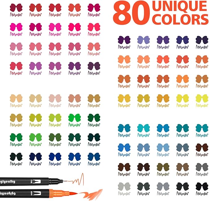80 Markers Coloring Books for Adults, Dual Tip Brush Pens Watercolor Markers Set with Fine and Brush Tip for Kid Adult Artist Coloring Art Pens