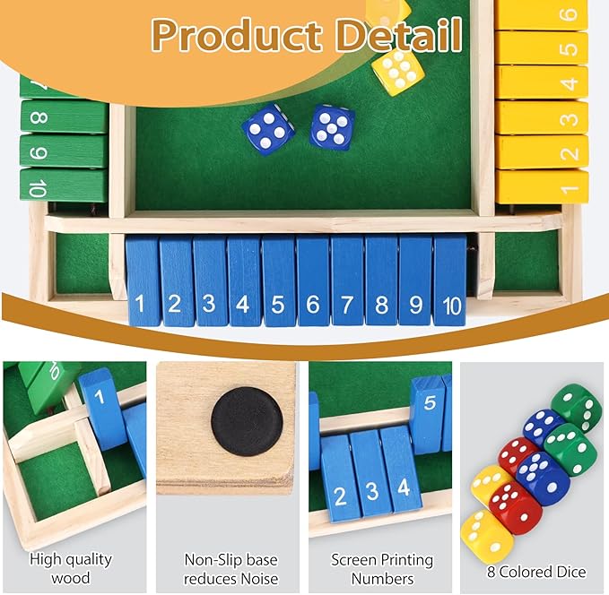2 Pcs Shut The Box Game Wooden, Close Shut The Box Game for 2-4 Player Adults, Math Sequence Dice Plunder Board Games with 16 Dice, 4-Sided 10 Number Table Games for Family Classroom Home Party Pub