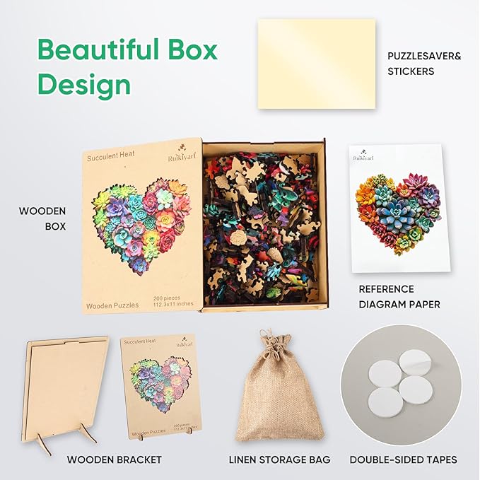 Ruikiyart Wooden Puzzles for Adults, 5MM 200 Pieces Succulent Heart Wooden Jigsaw Puzzles, Plant Unique Shaped Puzzle Gifts for Adults and Kids on Thanksgiving, Family Puzzle Games(12.3"*11")