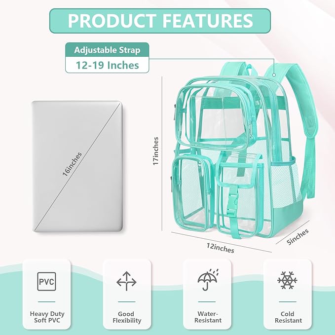 Green Clear Backpack, Heavy Duty PVC Clear Bag for Stadium Events, Transparent Backpack with Reinforced Straps & Stitches for Girls Boys, Large Capacity Bookbag for School, Travel, College, Work
