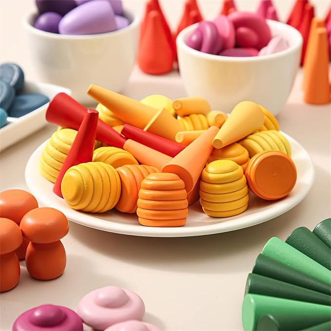 MIKNEKE 162 Wooden Loose Parts Sensory Bin Filler, Mandala Rainbow Stacker Open Ended Toy, 27 Colors Sensory Training Educational Set