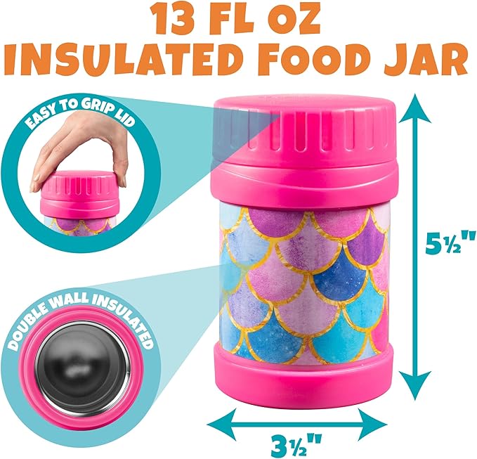 Bentology Kids Lunch Bag Set w Matching Reusable Food Jar & Hard Ice Pack- Mermaid- Insulated Tote, Stainless Steel thermos & Freezer Pack to Keeps Food Fresh for Hours- Back to School Lunch Box Kits