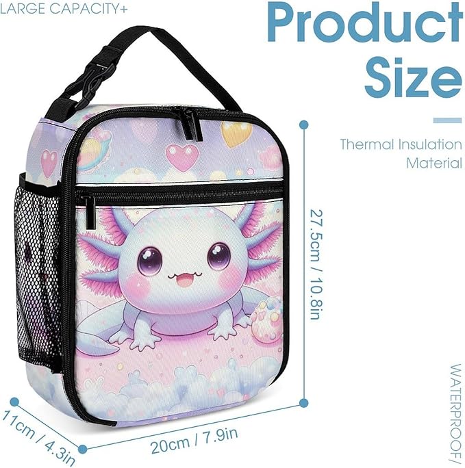 Axolotl Lunch Box - Cute Reusable Axolotl Lunch Bag for Women Men Kids - Small Portable Foldable Insulated Lunchbox for School Work Picnic