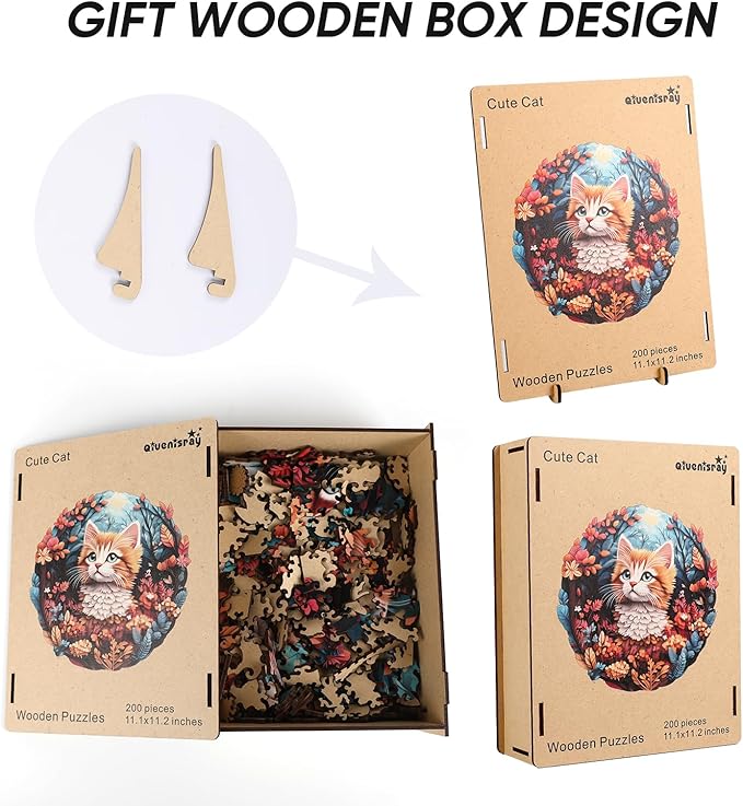 Wooden Puzzles for Mom - 3D Vision Effect Flower and Cat Wooden Puzzle 200 Pcs Unique Shape Advanced Jigsaw Puzzle, Wood Puzzles, Challenge Jigsaw Puzzle(11.2 x 11.2 in)
