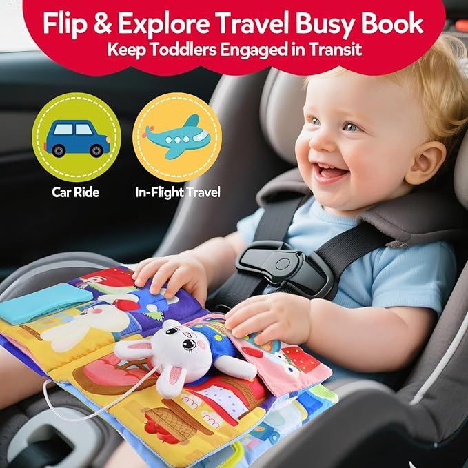 Montessori Busy Book for Toddlers 1-3,Busy Board with 12 Sensory Activities & Fine Motor Skills,Travel Toys for Airplane Car,Educational Learning Gift for 1 2 3 Year Old Boys Girls