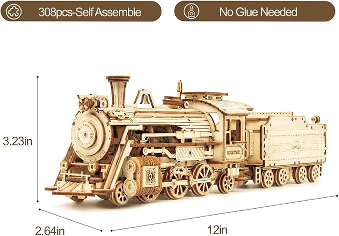 ROKR 3D Wooden Puzzle for Adults-Mechanical Train Model Kits-Brain Teaser Puzzles-Vehicle Building Kits-Unique Gift for Teens on Birthday/Christmas Day(1:80 Scale)(MC501-Prime Steam Express)