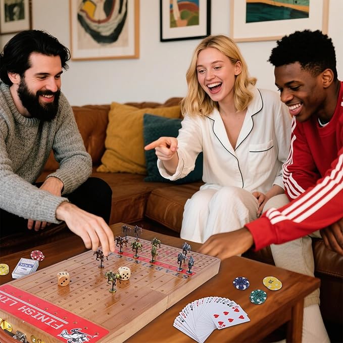 Glintoper Large 21" Horse Racing Game for Adults Family, Horse Race Board Games with 11 Luxury Metal Horses, Foldable Wood Board with 2 Dices 2 Boxes of Cards 40 Poker Chips Finish Line for Parties